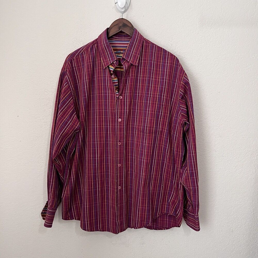 Bugatchi Uomo Button Up Shirt Mens Size Large Colorful Stripes Burgundy Cotton